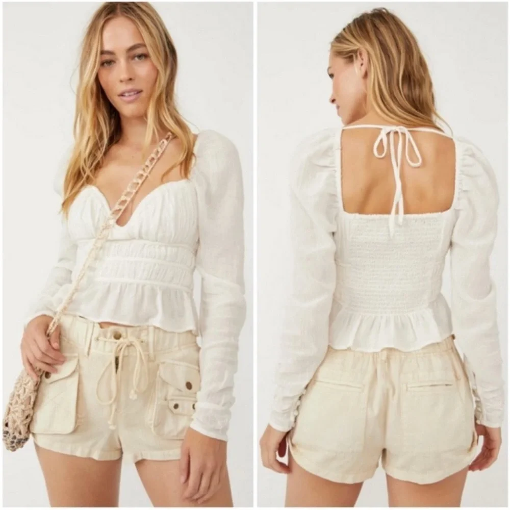 Free People Ivory Smocked Peplum Long Sleeve Blouse